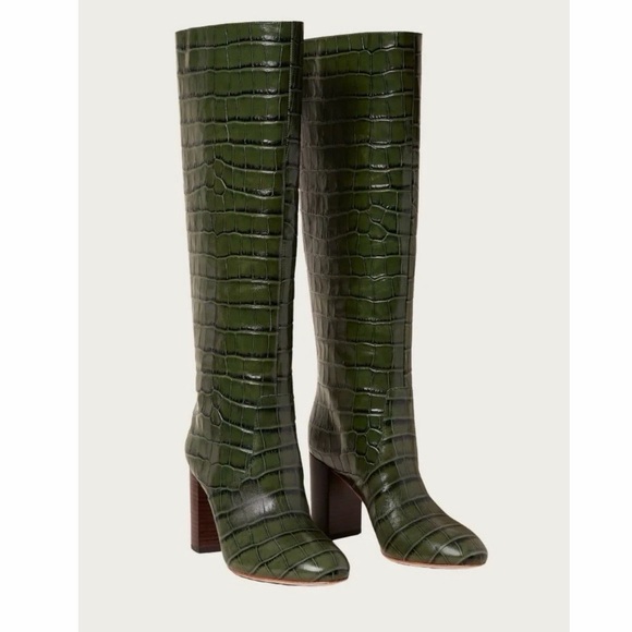 Loeffler Randall Tall Goldy Leather Croc Forest Green Heel Knee Boot Pull On 6 - Picture 2 of 14